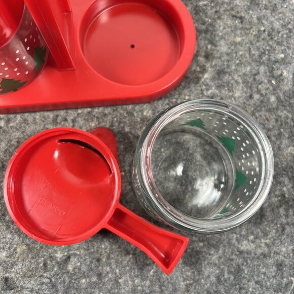 Vintage 1970’s Gemco Cream And Sugar Glass Set w/ Holder Spoon Christmas Trees - Picture 7 of 12